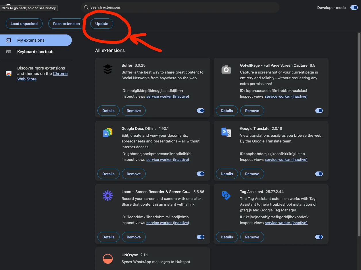 Where to find the Update button for Chrome extensions
