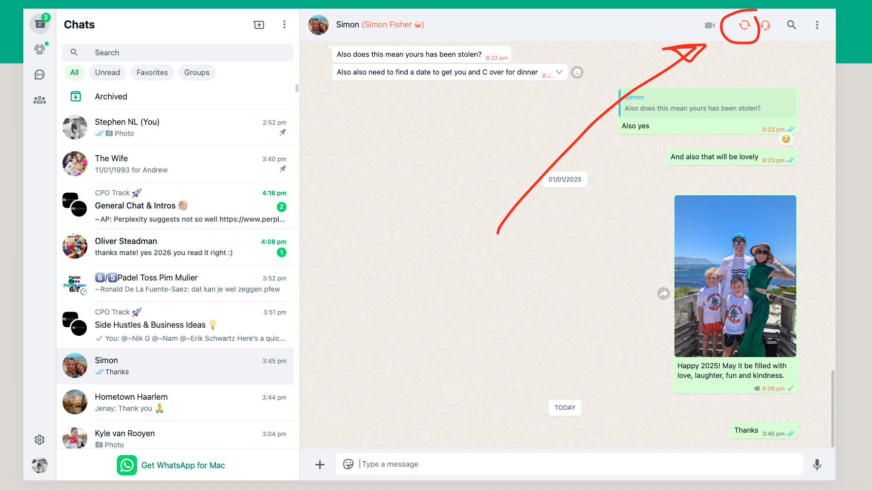WhatsApp Web with UNOsync sync button